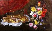 Giuseppe Recco A Still Life of Roses, Carnations, Tulips and other Flowers in a glass Vase, with Pastries and Sweetmeats on a pewter Platter and earthenware Pots, on oil painting on canvas